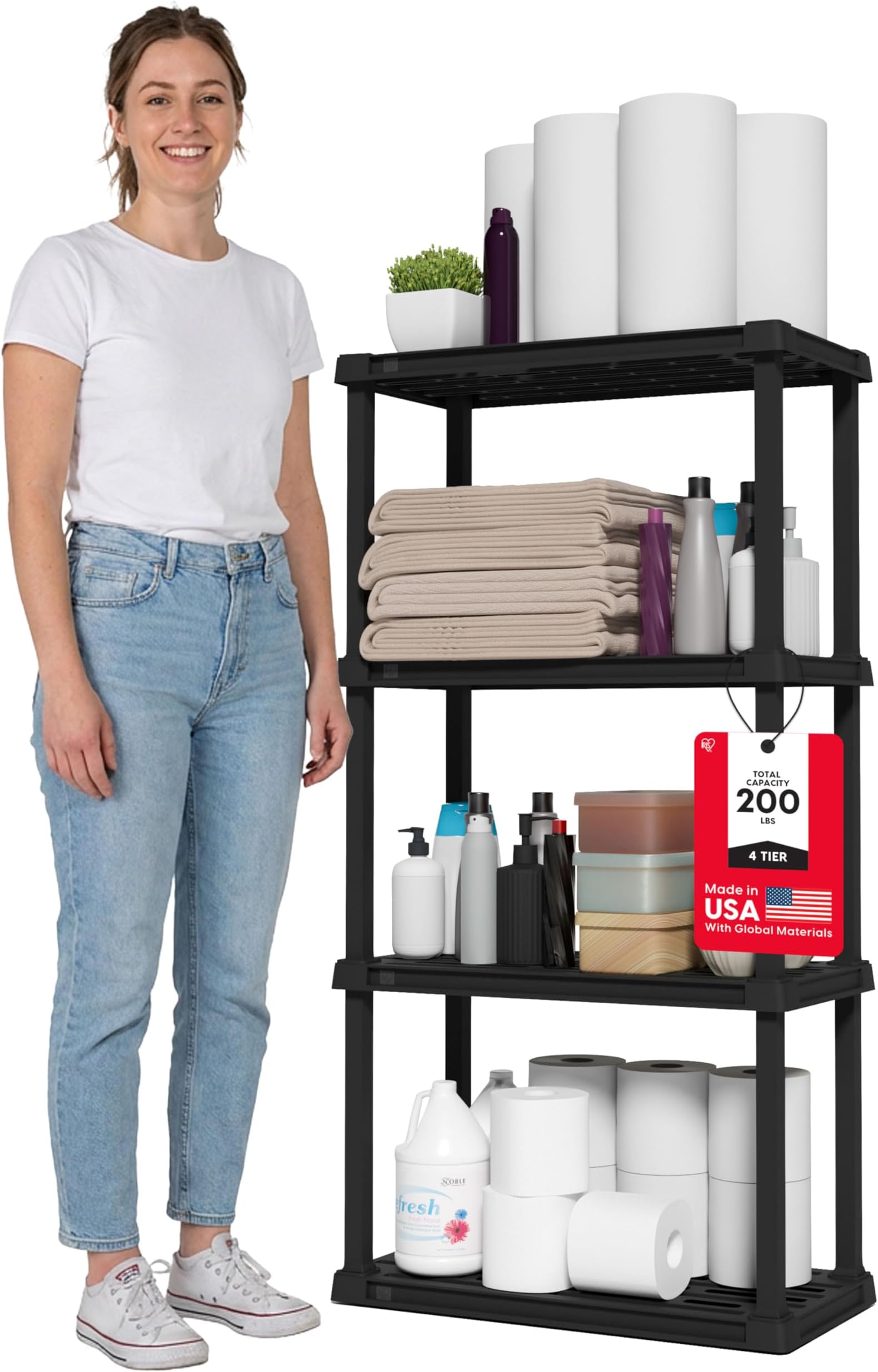 IRIS USA 4-Tier Heavy Duty Plastic Shelving Unit, 48" Tall - 40lbs per Shelf, Modular Garage Rack Storage Organizer for Home, Basement, Laundry & Utility Room, 12"D x 24"W x 48"H - Black