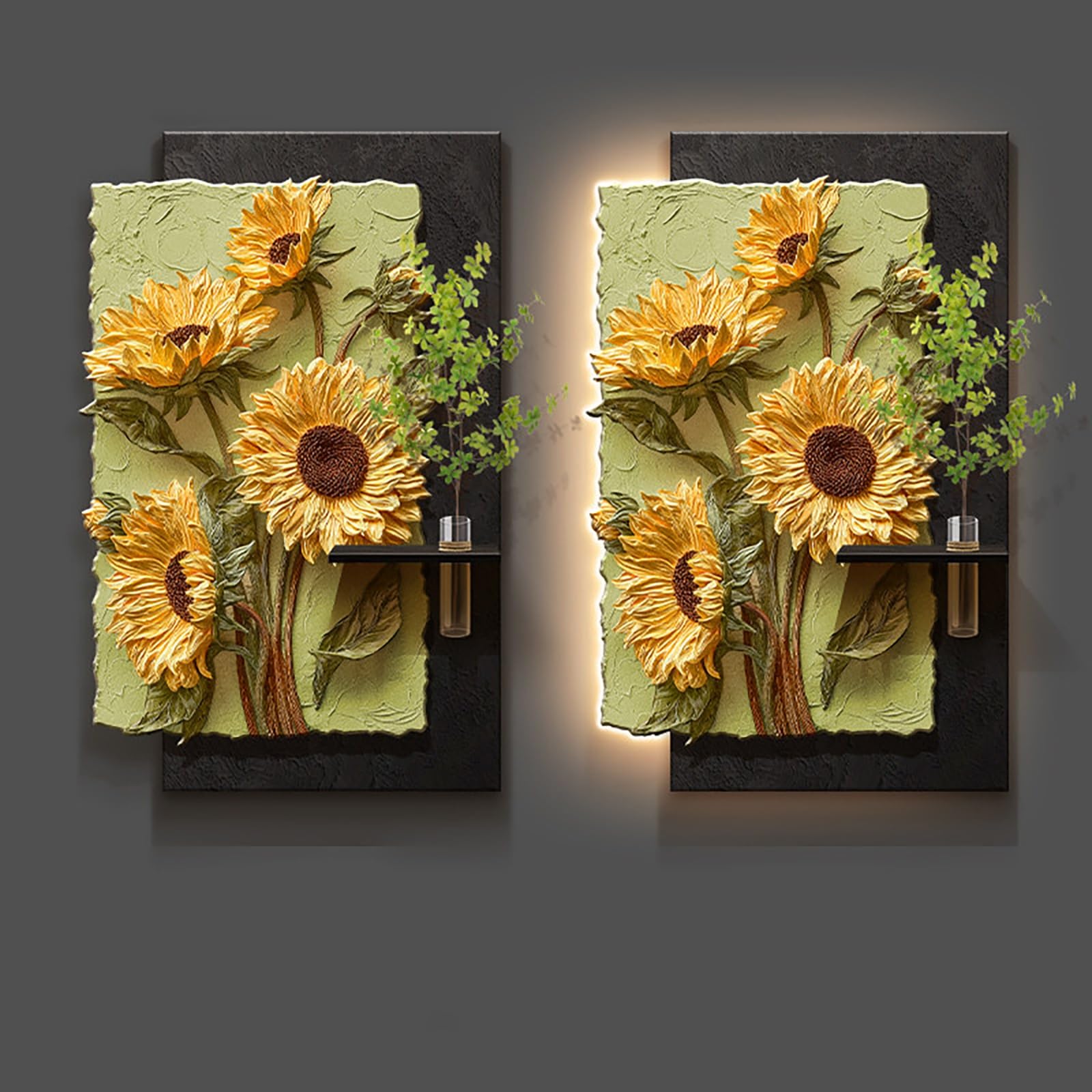 ZCQMSCWW Sandstone Textured Art with LED Backlight, 3D Relief Sunflower Wall Sculpture, Multifunctional Entryway Hallway Decor with Display Shelf & Plant Vase