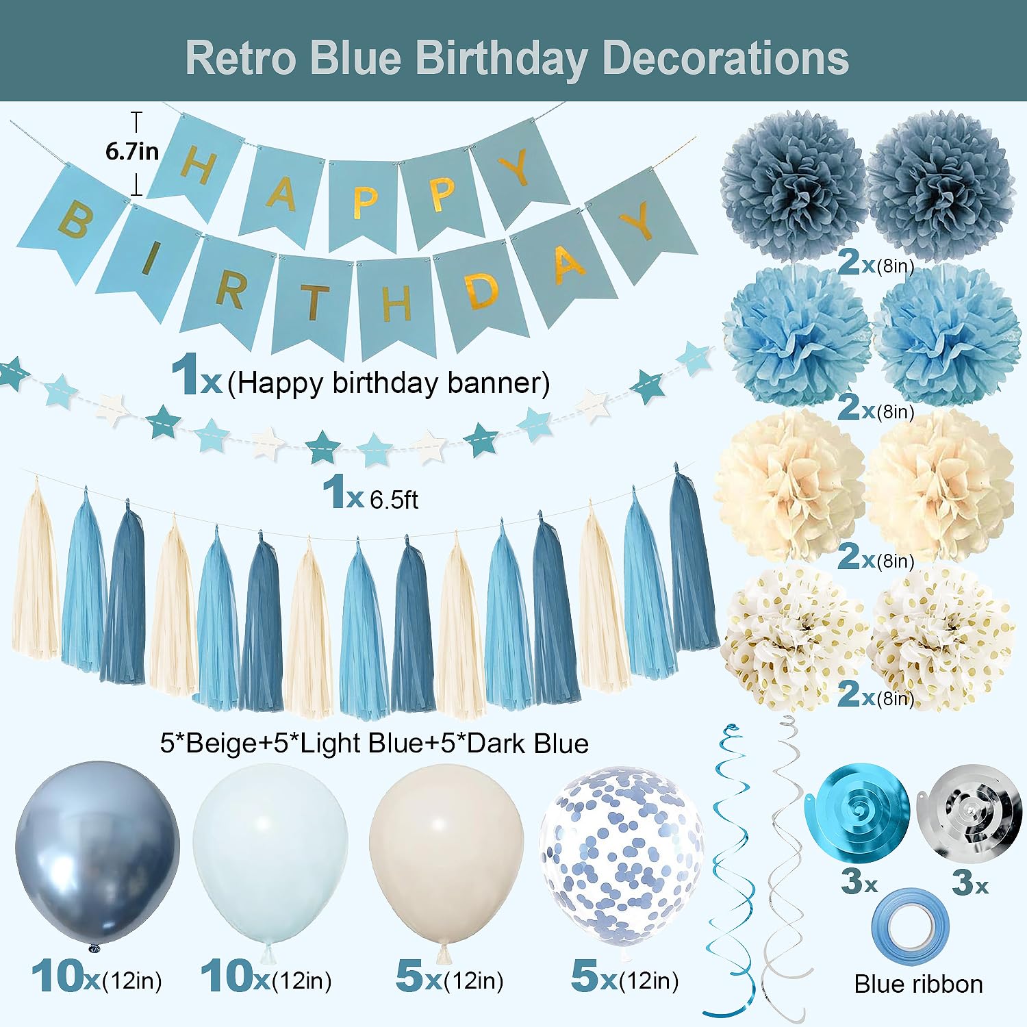 Dusty Blue Party Decorations with Blue Sand Gold Balloons, Happy Birthday Banner, Paper Pompoms, Star Banner for Boys Kids Party Decor