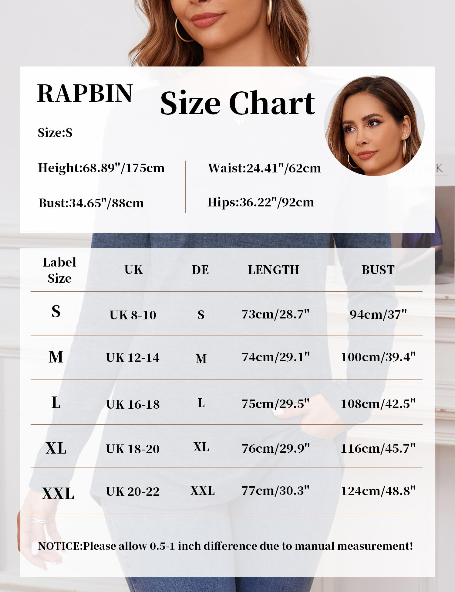 Rapbin Topy z długim rękawem damskie swetry na co dzień koszulki z okrągłym dekoltem bluzy z otworami na kciuki zakrzywione obszycie tuniki koszule