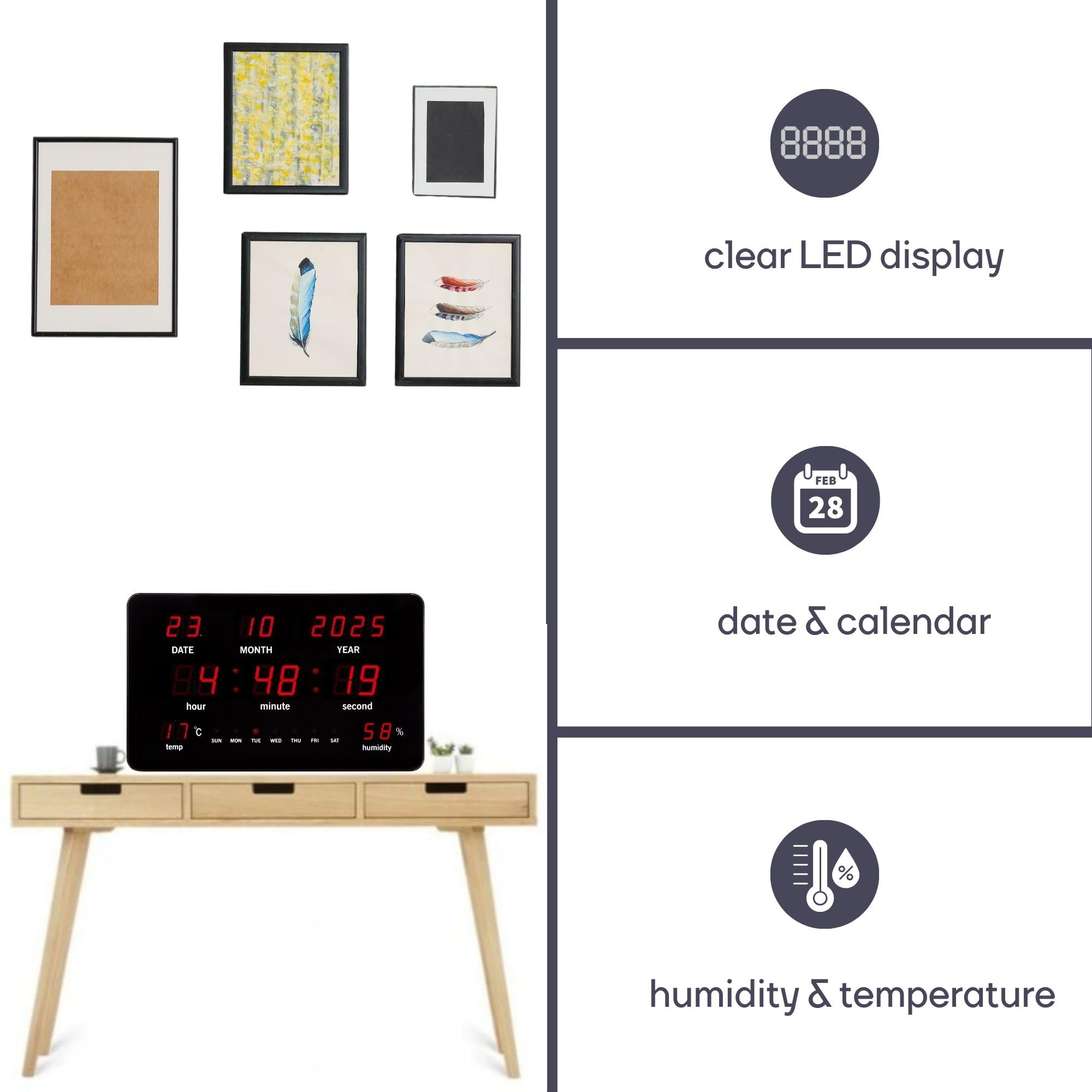 Perel Orologio da parete digitale nero, grande display LED 37.5x25.5cm, LED rossi, orologio digitale con calendario, ora, data, temperatura e umidità, termometro e igrometro, per ufficio, laboratorio