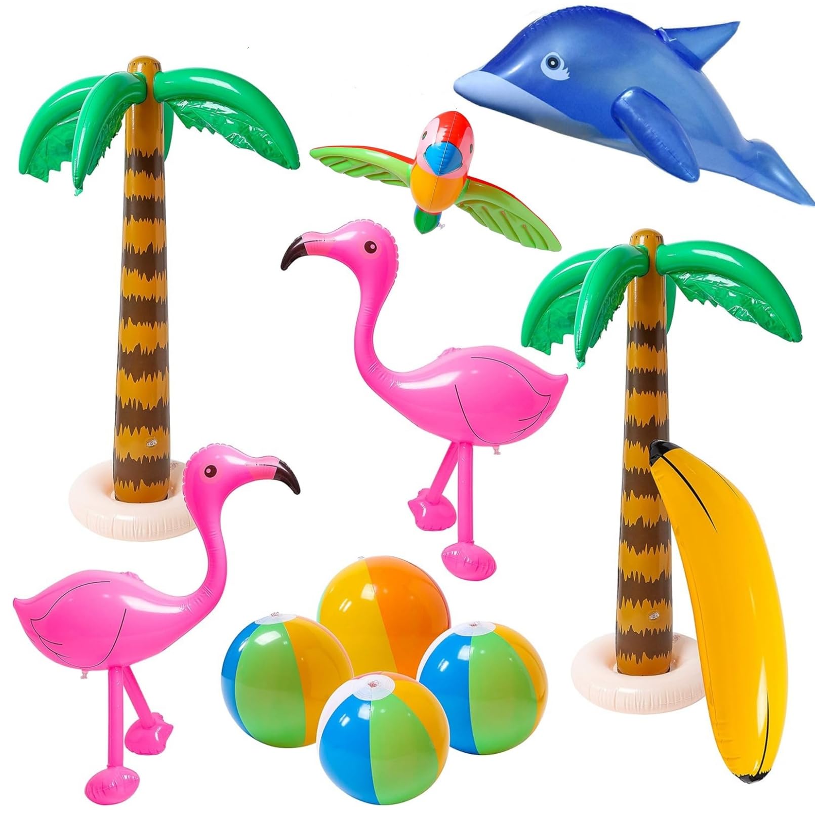 Hawaiian Party Toys 11 Pack Inflatable Palm Tree Flamingo Banana Beach Ball Parrot Beach Pool Toys for Tropical Hawaiian Luau Party Summer Pool Beach Party Decorations