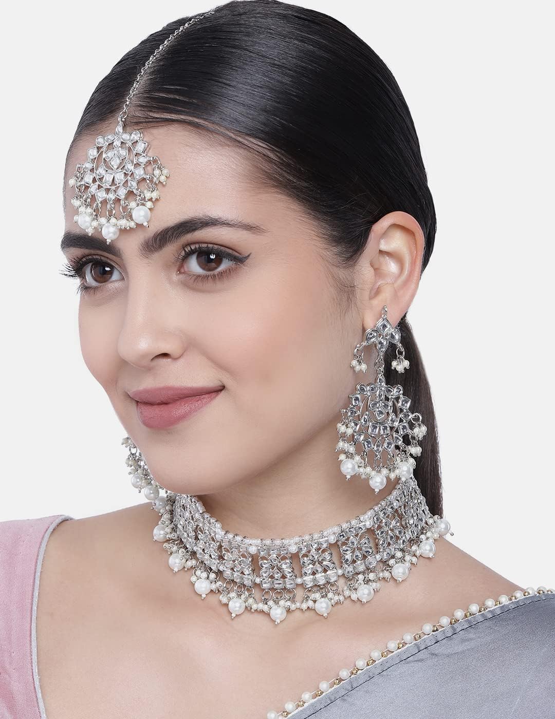 I Jewels Indian Gold Plated Traditional Kundan Choker Ethnic Bollywood Designer Jewelry Set with Earrings & Maang Tikka For Women