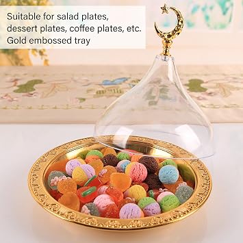 Luqeeg Serving Dish with Acrylic Clear Dome, Golden Vintage Serving Platter Eid Mubarak Cake Tray Ramadan Serving Tray Dessert Plate for Home Party Cafe Wedding Dining Rooms