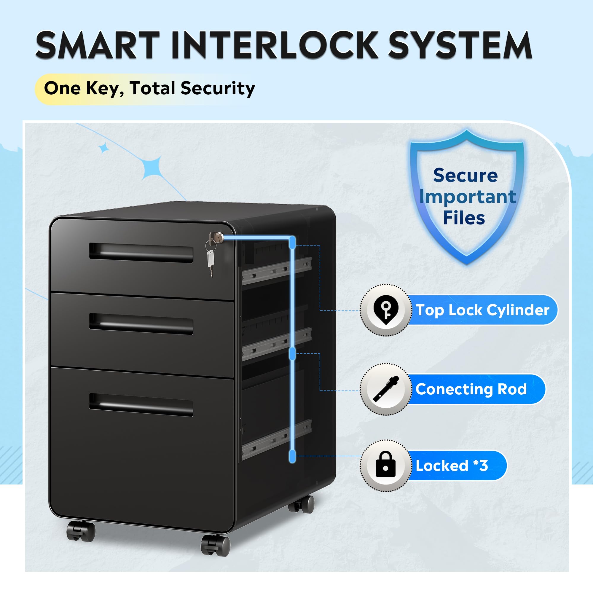 DEVAISE 3-Drawer File Cabinet, Thickened Metal Mobile Filing Cabinet with Lock, Under Desk Cabinet for Home Office, fits A4/Letter/Legal Size, Fully Assembled, 20" D x 15.8" W x 25" H, Black