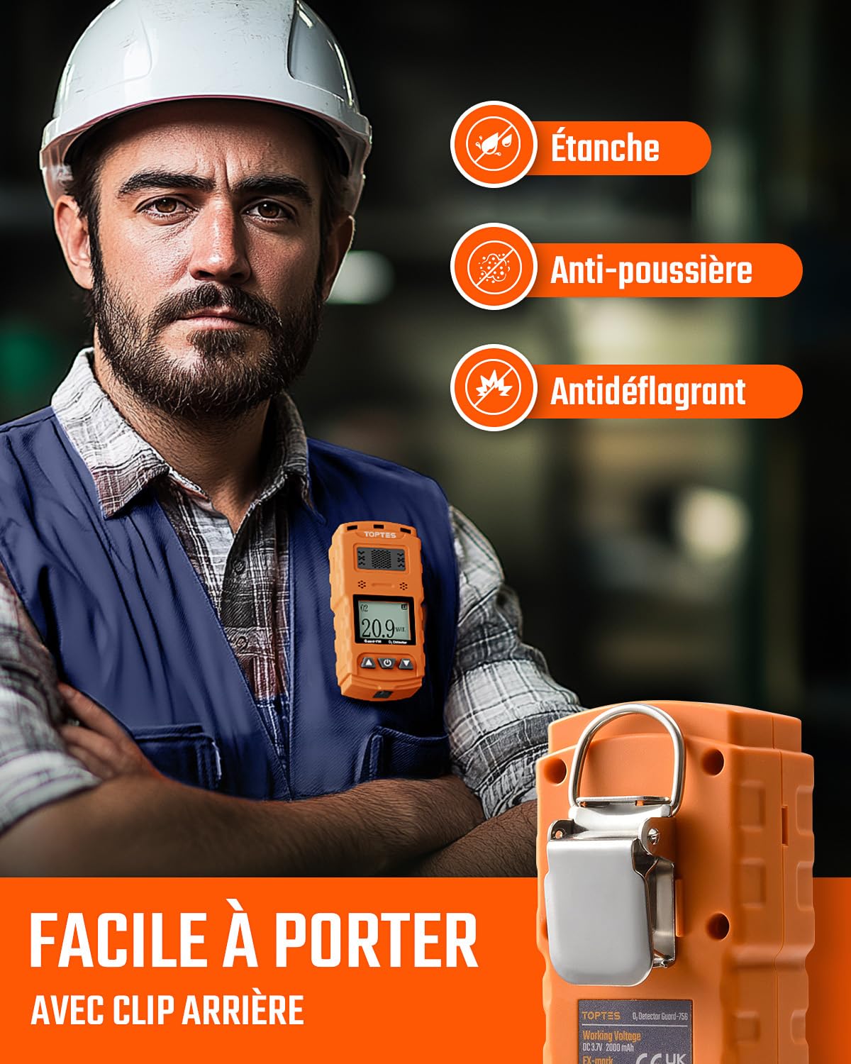 TopTes Guard-756 Moniteur O2 Amélioré, Détecteur D’oxygène, Réponse en 0,5s, Rechargeable, Alarmes par Vibration, Visuelle & Sonore, Résistant À La Poussière et Aux Explosions, pour Travail et Maison