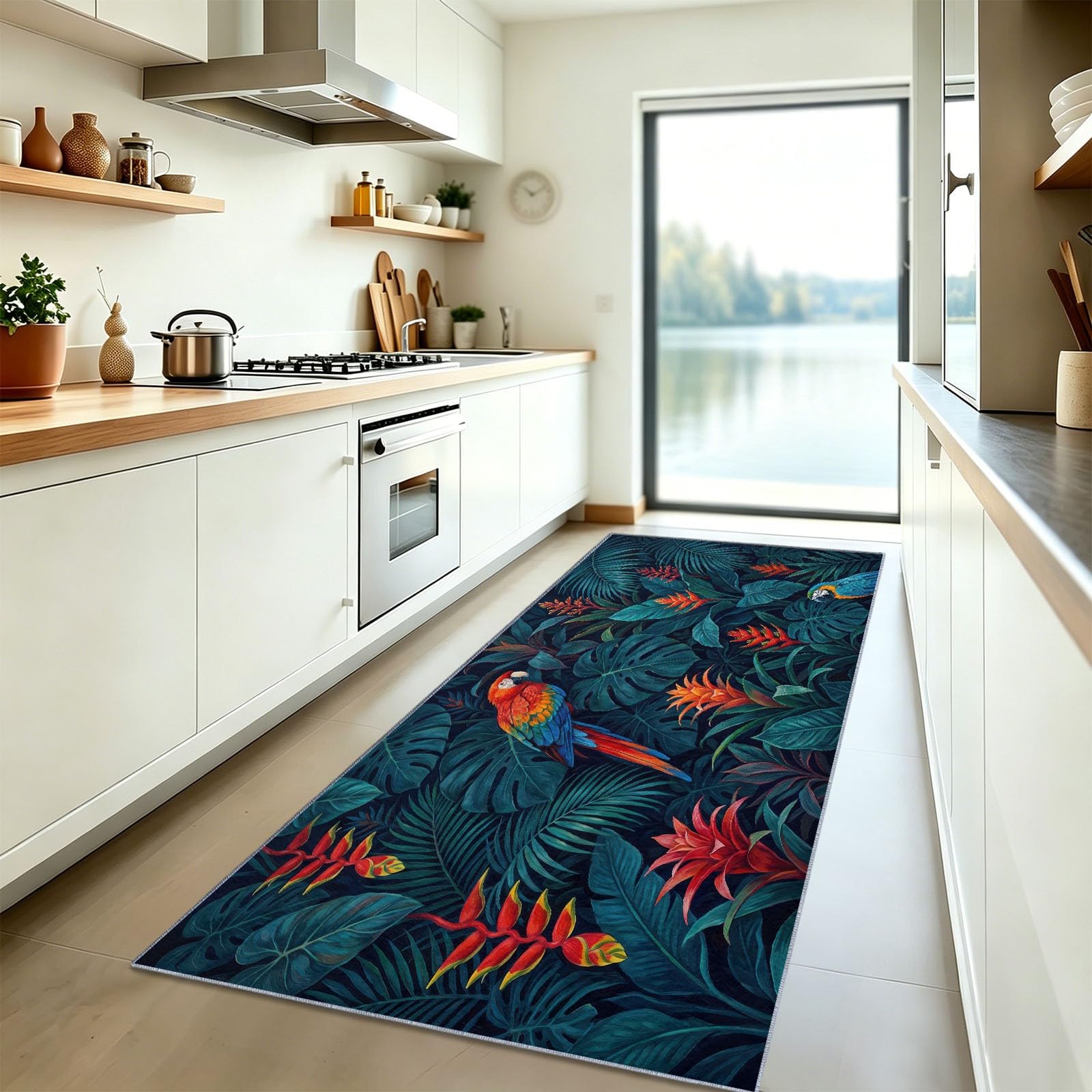 Tapis de Couloir Long 80 x 180 cm, Foncé Tapis Cuisine Antidérapant Lavable, Vintage Glamour Tropical Jungle Animal Perroquet Tapis de Passage Doux pour Salon, Entrée, Balcon, Chambre Adulte Enfant