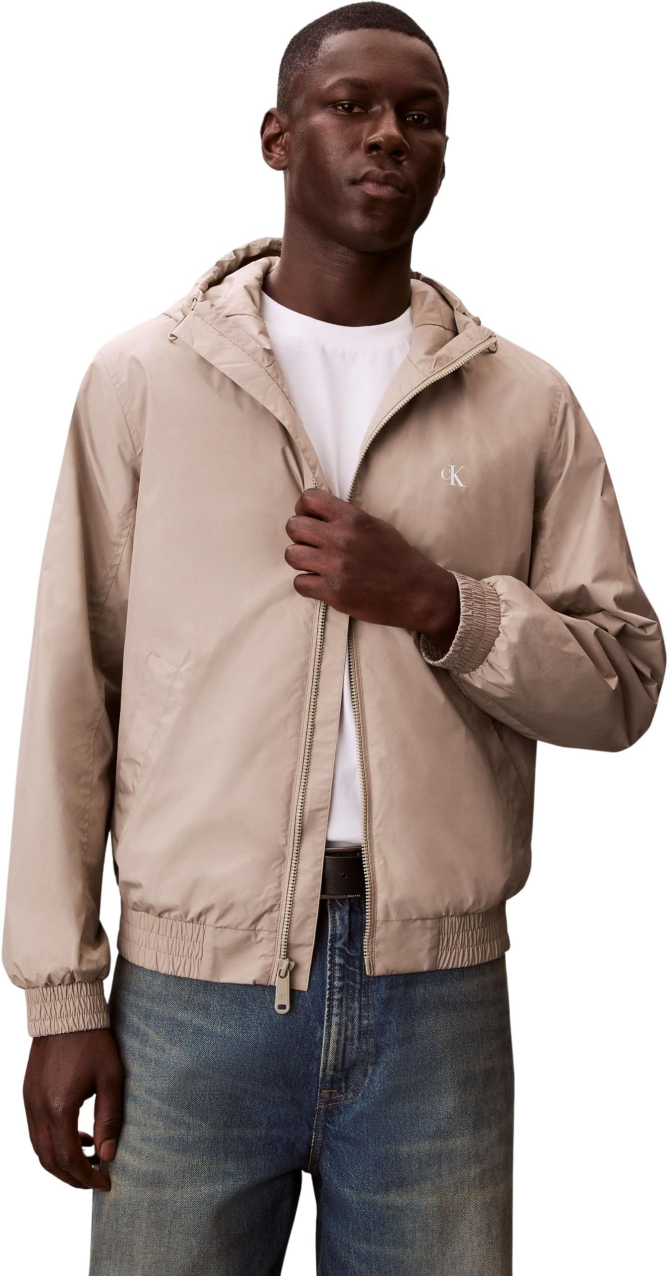Calvin Klein Men’s Windbreaker Jacket Nylon Harrington with Hood, Beige (Vintage Khaki), 3XL