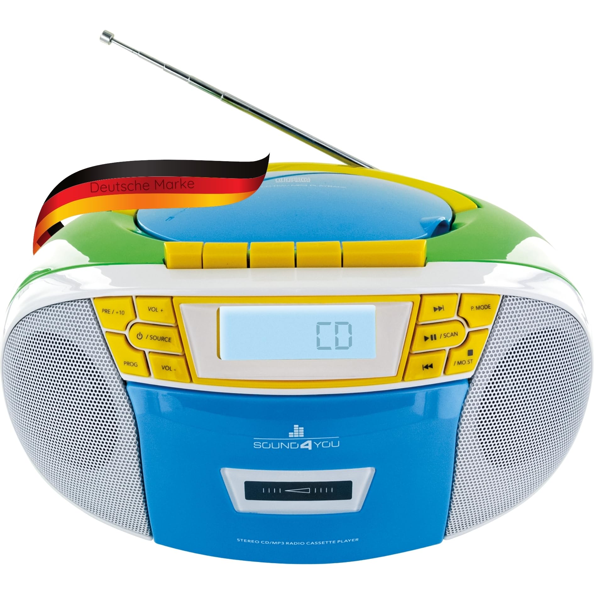 SCHWAIGER 661644 Lecteur CD avec Cassette et Radio MP3 Connexion USB FM Radio AUX Casque Boombox Fonctionnement sur Secteur et Piles Affichage Portable Multicolore