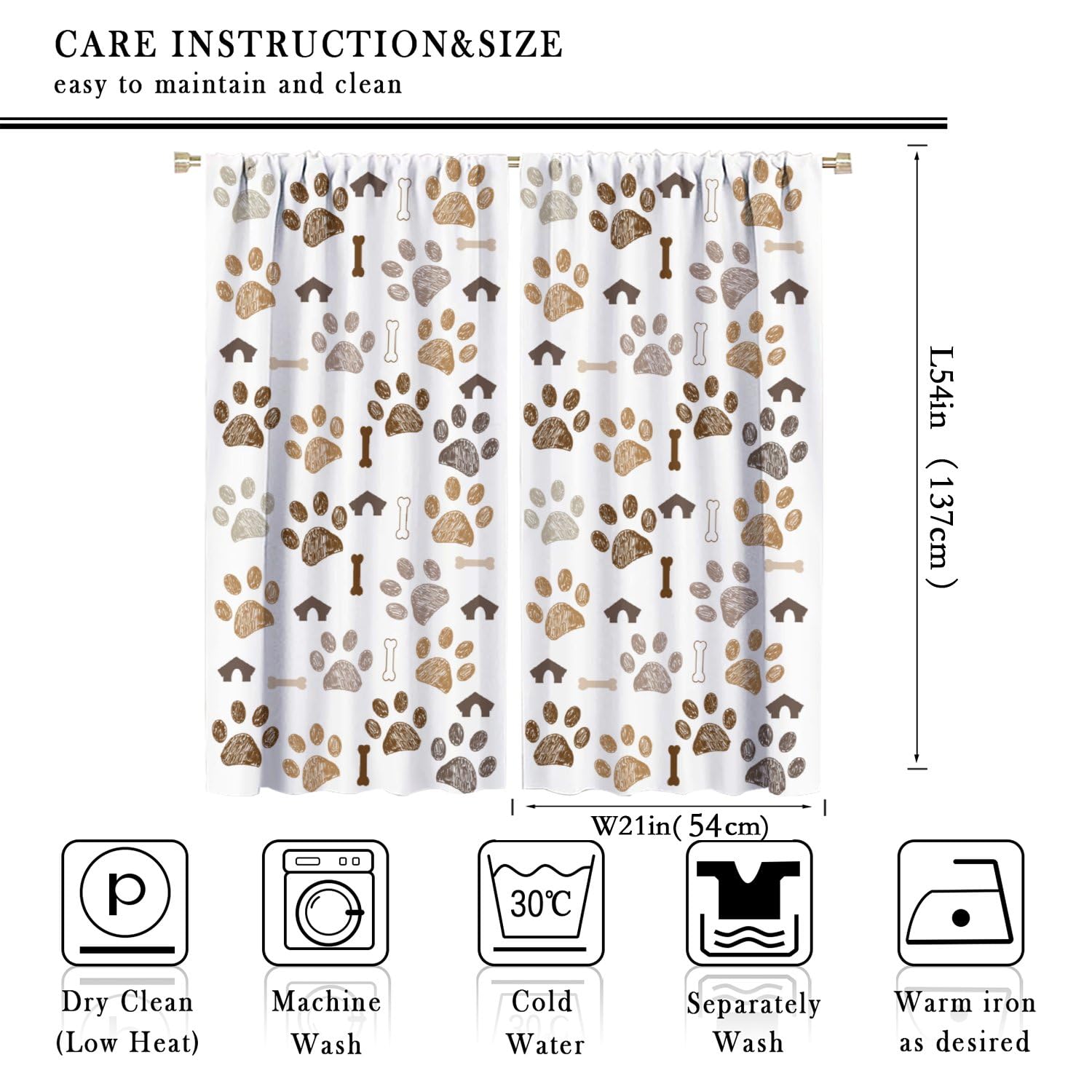 Paw Curtains, Funny Cute Graffiti Brown Animal Dog Footprint Bone Kennel Pattern Drapes for Kid, Thermal Insulation Blackout Rod Pocket Window Treatments for Living Room Bedroom Bathroom 42x54in
