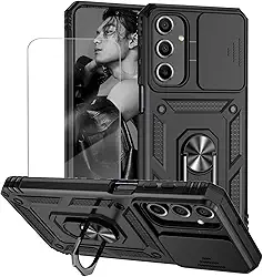 Capa para Samsung Galaxy A55 Capinha | com 2 peças de protetor de tela temperado com janela deslizante da câmera e suporte para telefone incluídos - Preto