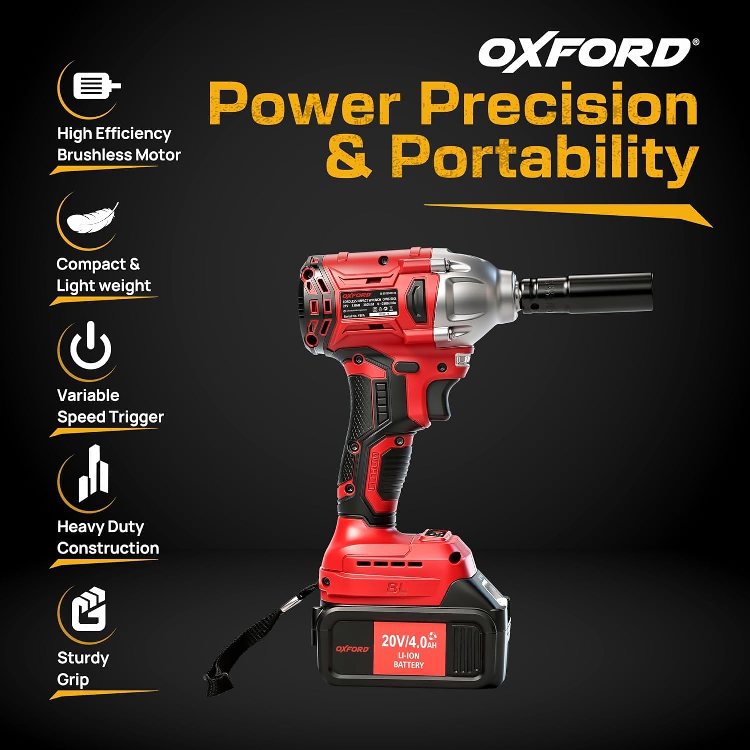 Oxford® OIW-3220 20V Brushless Cordless Impact Wrench Machine | 300Nm High Torque | ½” Square Drive + ¼” Hex | 2800 RPM | 3000 IPM | 2 x 3.0Ah Batteries | LED Light 1