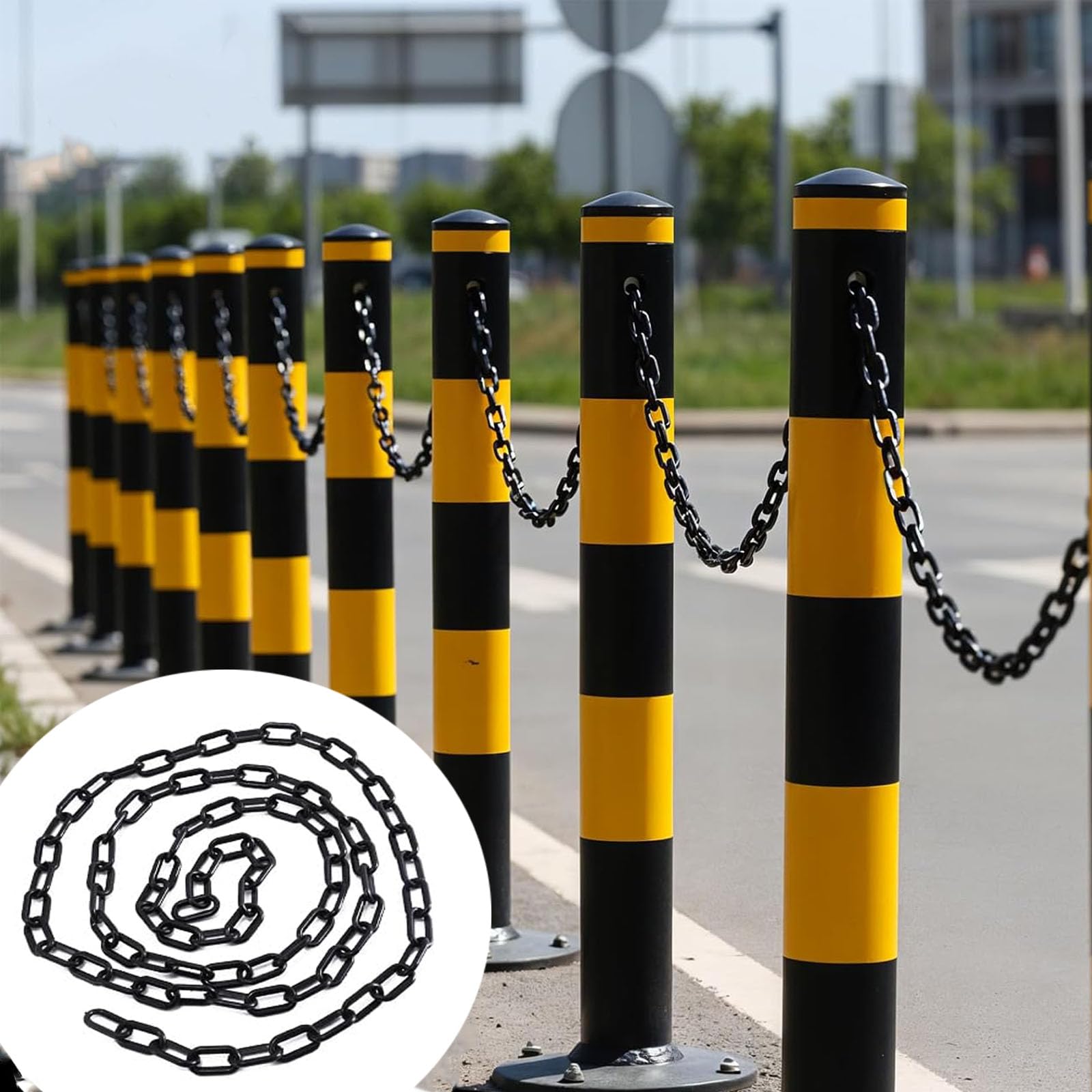 Cadena de plástico negro 1,5m 6mm con 5 ganchos S para control de multitudes