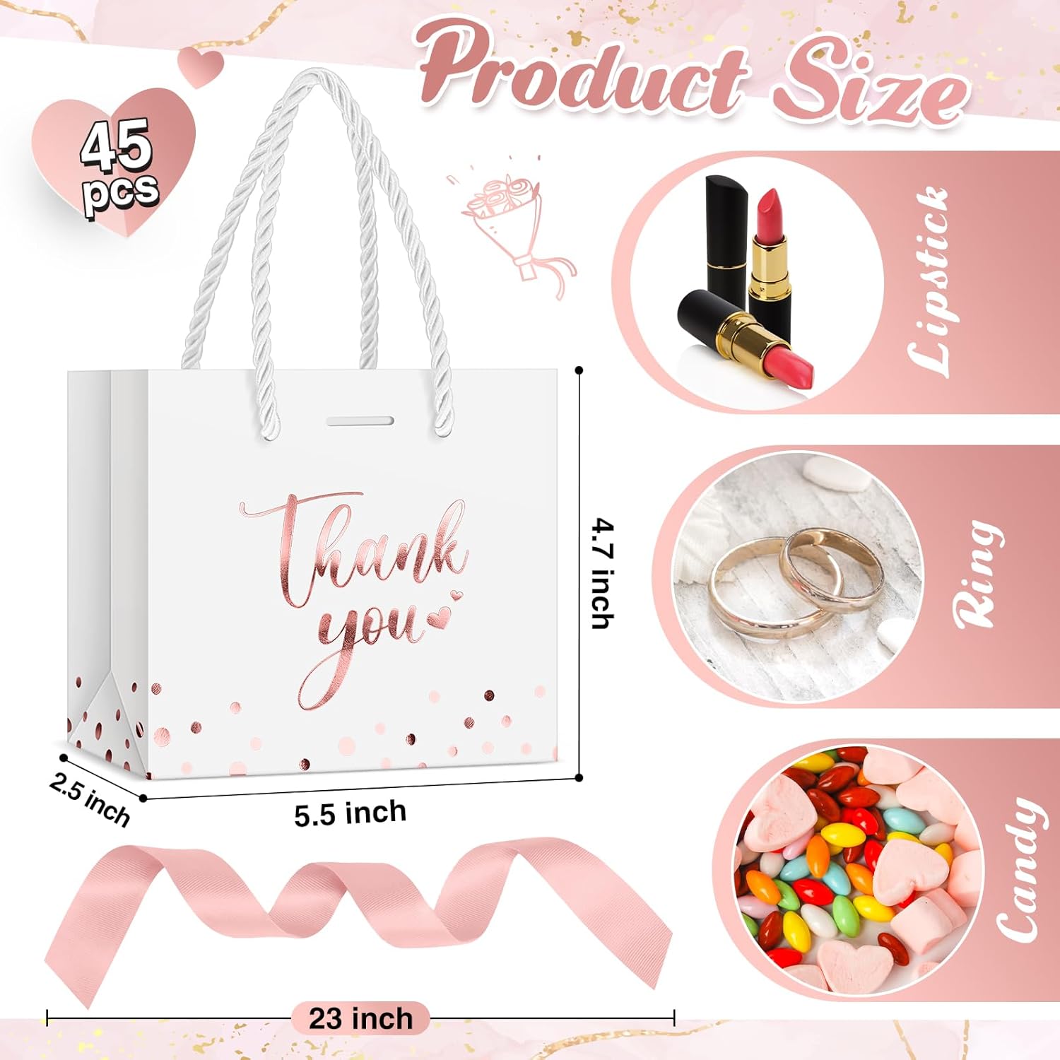 Jetec 45 Pcs Mini Paper Gift Bag Bulk 5.5 x 4.7 x 2.5'' Small Thank You Favor Bag with Handle Bow Ribbon for Valentine Wedding Baby Bridal Shower Birthday Anniversary Party(White/rose Gold) - Image 3