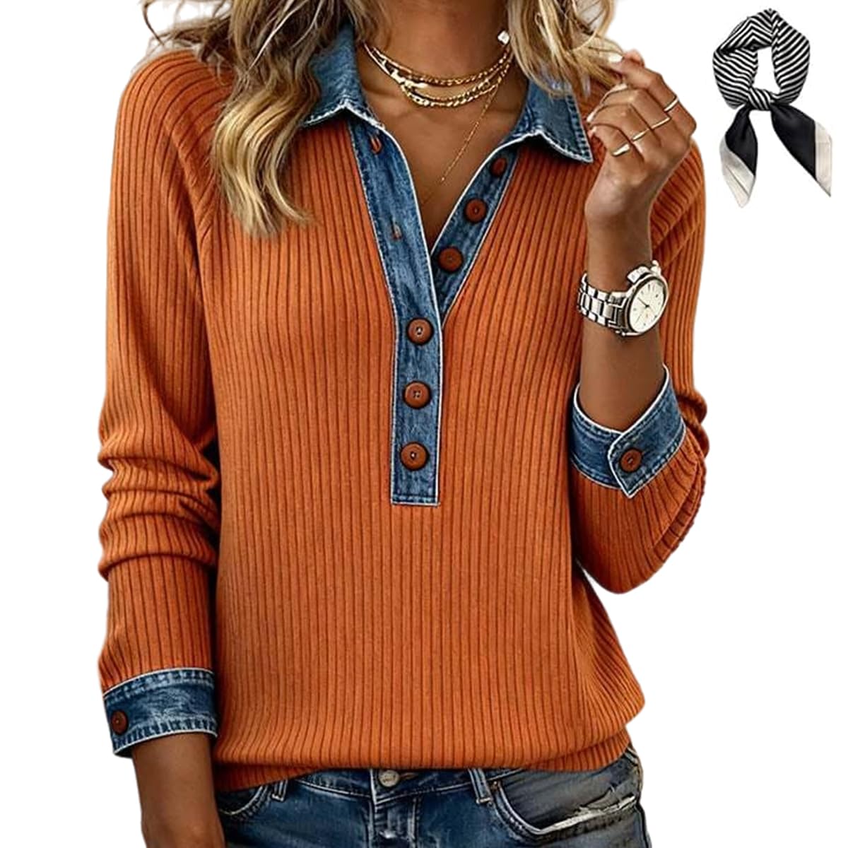 Womens Waffle Knit Top with Denim Collar Cuffs Button up Long Sleeve Casual Pullover V Neck Office Outfits
