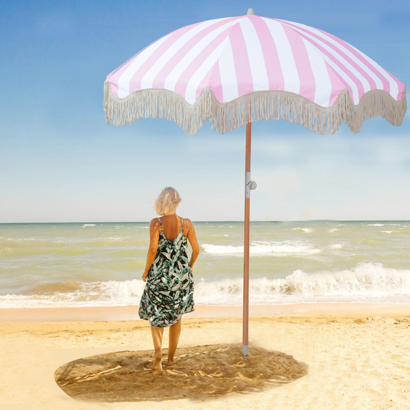 Sombrilla De Playa Grande Antiviento 2m Rosa Sombrillas Terraza Parasol De Jardín Anti UV Parasol Terraza De Jardín Sombrilla Jardin Exterior Con Borlas Para Piscina Balcón Y Césped