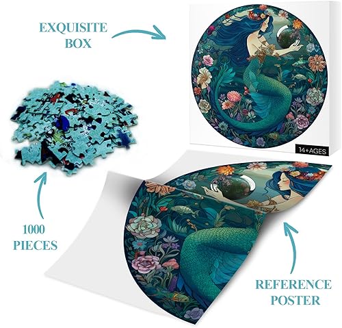 Miniatura 5 de Rompecabezas de sirena oceánica de 1000 piezas, rompecabezas de mandala de hadas de princesa marina para adultos, rompecabezas redondos verdes