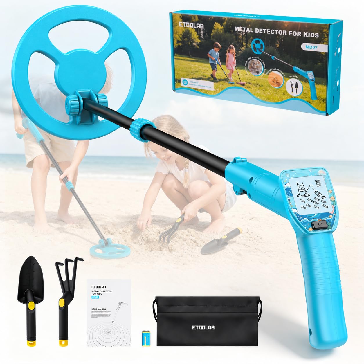 ETOOLAB Metalldetektor Kinder, Hochpräziser Metalldetektor Set LCD-Display | Verstellbar 61–102 cm, Schaufel, Rechen, Tasche & 9V-Batterie – für Schatzsuche am Strand, Garten, Park und Wiese, Farbe Blau