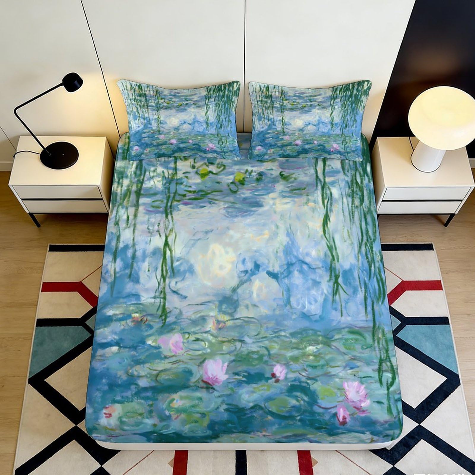 Pnayamiorkfel Style-8 3D Printed Water Lily Pond Fitted Sheet Microfiber Soft Non-Slip Mattress Cover Bedroom Art Decor 90X200x25cm