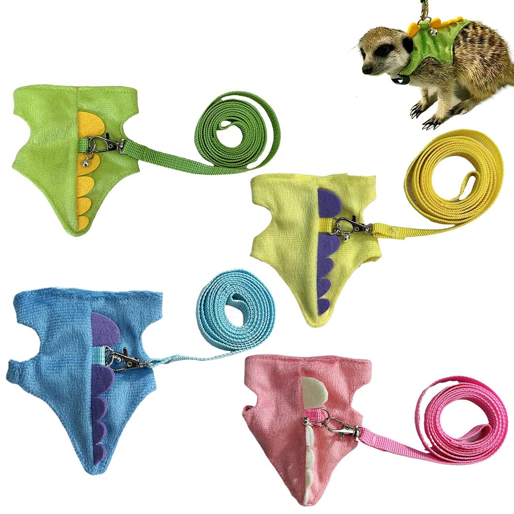 4 Pieces Ferret Harness And Leashes - Soft Small Pet Dinosaur Shape With Safe Bell - Ferret Vest Outdoor Walking Accessories | For Small Pets Including Ferrets Guinea Pigs Rabbits Bunny Hamsters