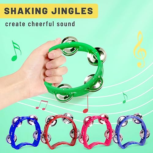 Miniatura 6 de Pandereta para niños, 2 unidades, instrumentos musicales para niños pequeños a partir de 3 años con 4 jingles de metal, certificado ASTM, no tóxico