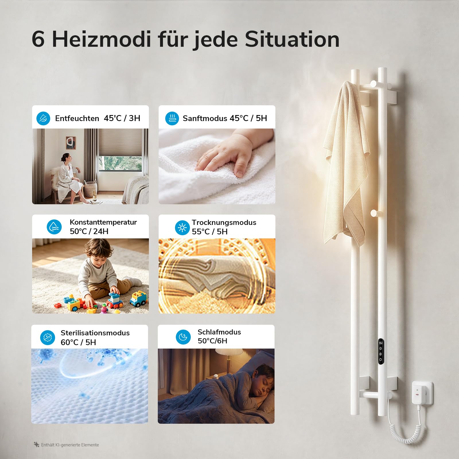 Heilmetz WiFi Handtuchheizkörper Elektrisch Weiß, Vertikal 2-Stangen Badheizkörper mit 4 Haken, Handtuchwärmer mit APP Steuerung, Timer & Temperaturregelung, 1200x124mm, 145W