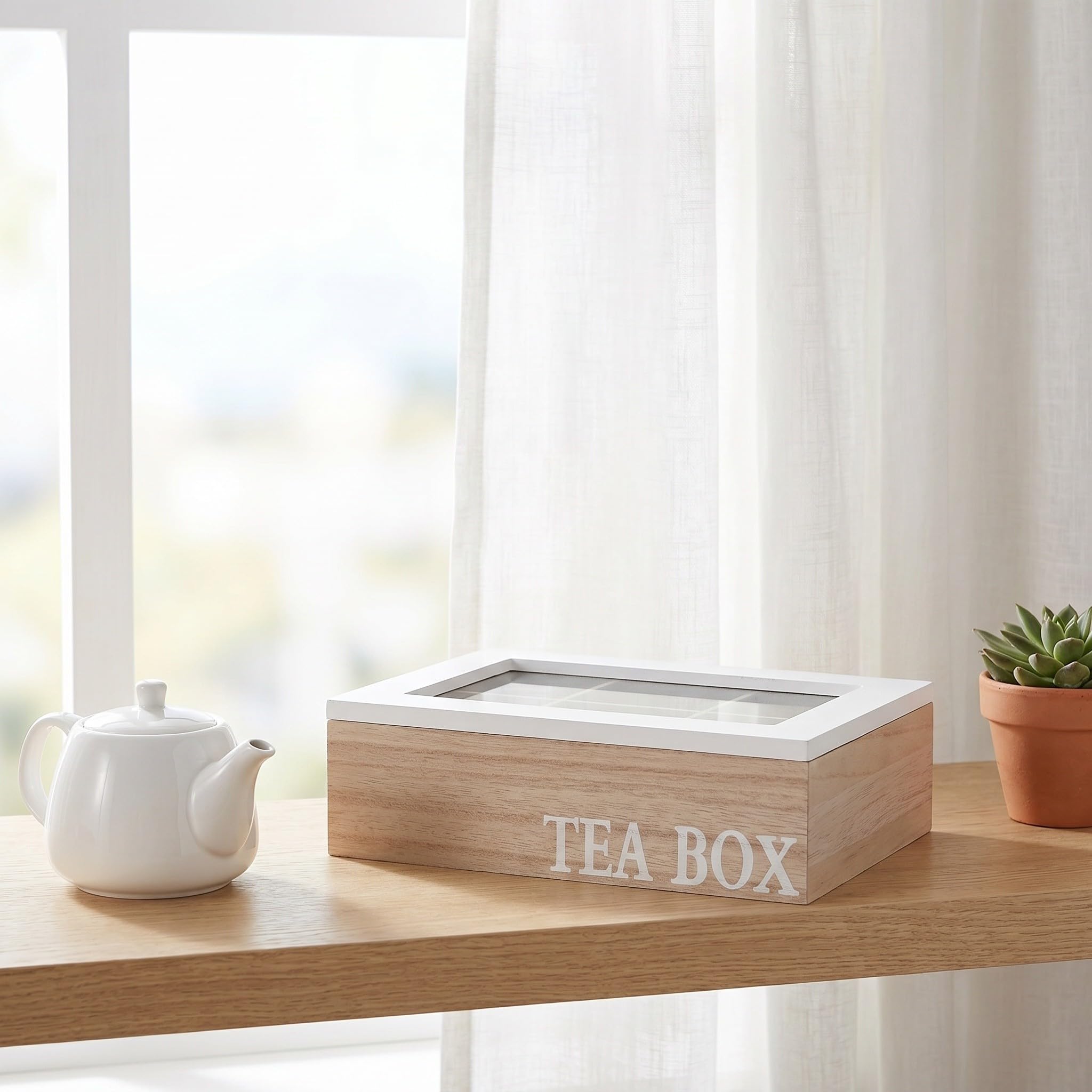 Operitacx Boîte de rangement pour sachets de thé - Boîte à thé en bois à 6 compartiments avec couvercle en verre à charnière - de rangement pour sachets de café à poser sur la table