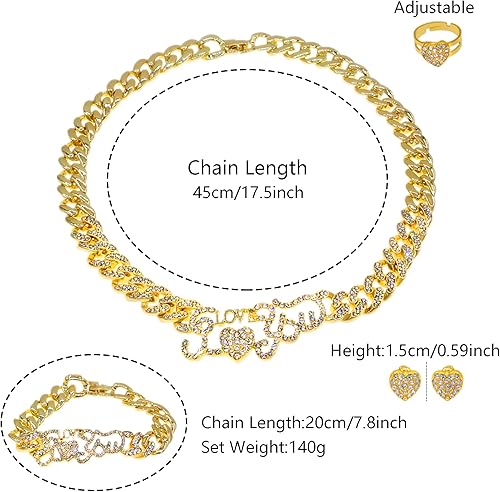 Miniatura 2 de Juego de collar de joyería con cadena de eslabones cubanos y pulsera de diamantes de imitación, juego de collar brillante, pulsera para mujeres y