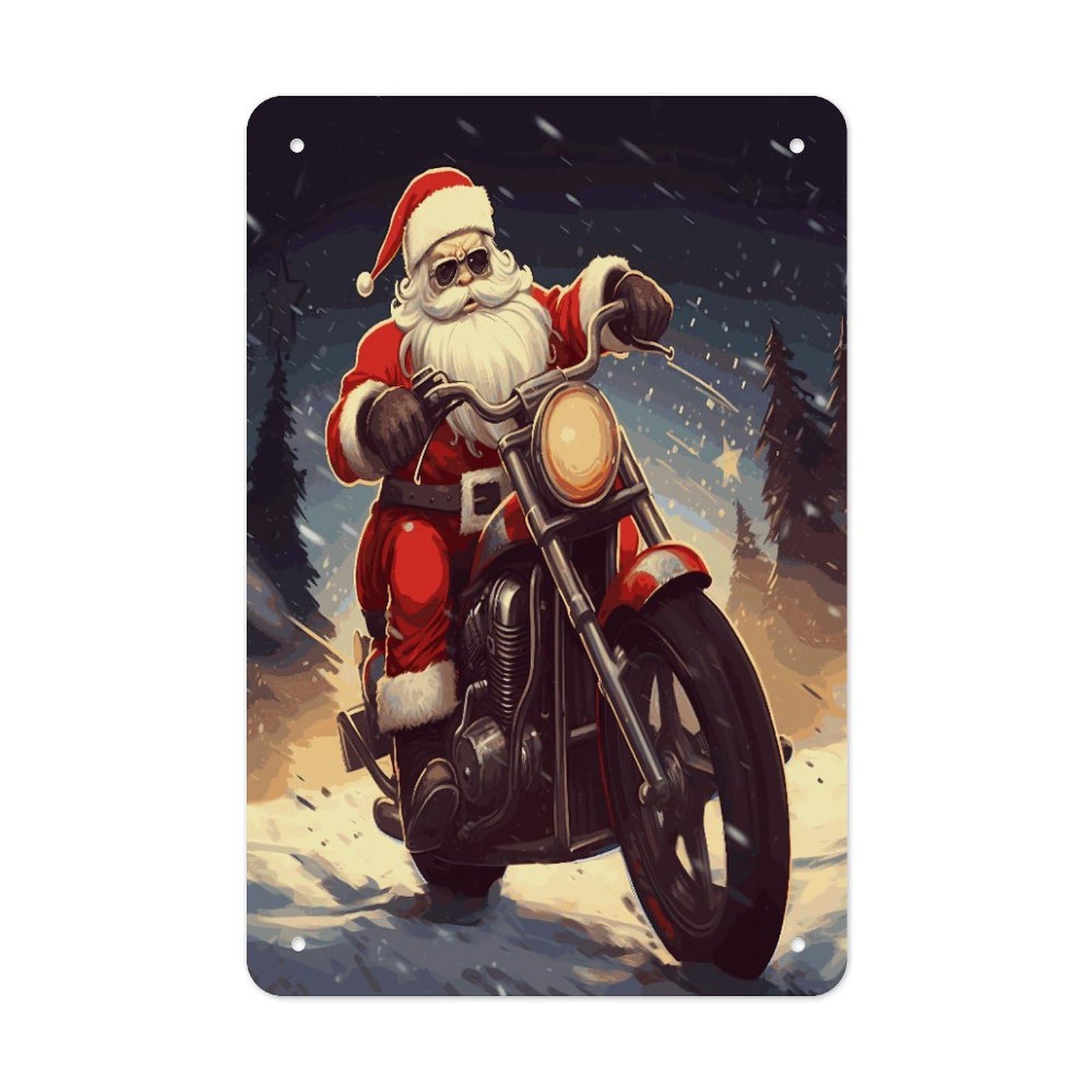 LDGSUPH Santa Claus Biker Riding Wall Art Prints Folded Edge Iron Sheet Painting with Holes for Wall Prints Decorative Picture Metal Signboard Decor Painting for Outdoor Indoor Wall Decor