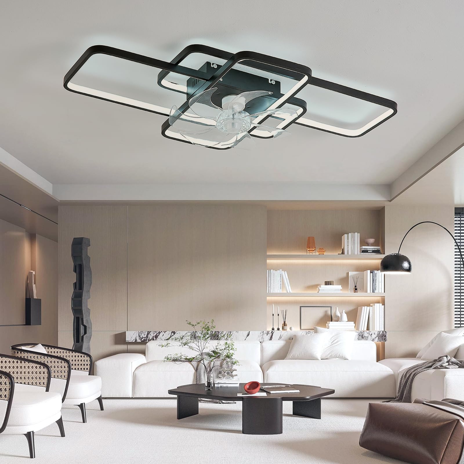 Prostokątna Lampa Sufitowa Z Wentylatorem Odwracalna Cicha Lampa Sufitowa Do Sypialni Z Wentylatorem Z Pilotem Ściemniacz APP Timer Salon Wentylator Sufitowy Z Oświetleniem Nowoczesny LED-Black||103cm