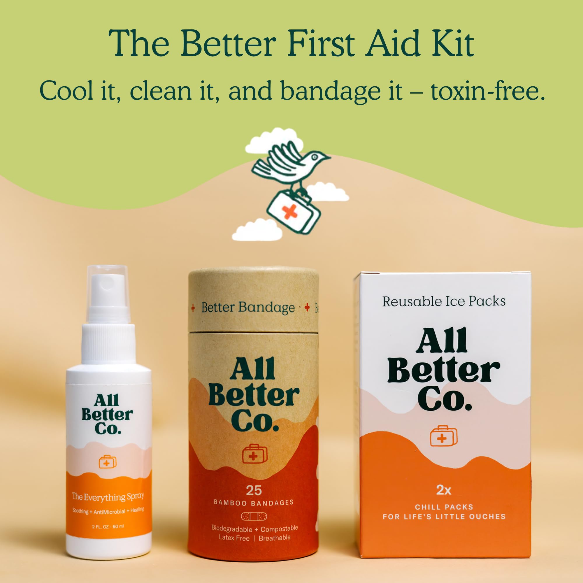 Komplettes Wellness-Erste-Hilfe-Set – Alles Spray, Bio-Bambus-Bandagen (25 ct) & 2 wiederverwendbare Softgel-Eisbeutel – natürliche Hautpflege & Erste-Hilfe-Essentials für Zuhause und Reisen