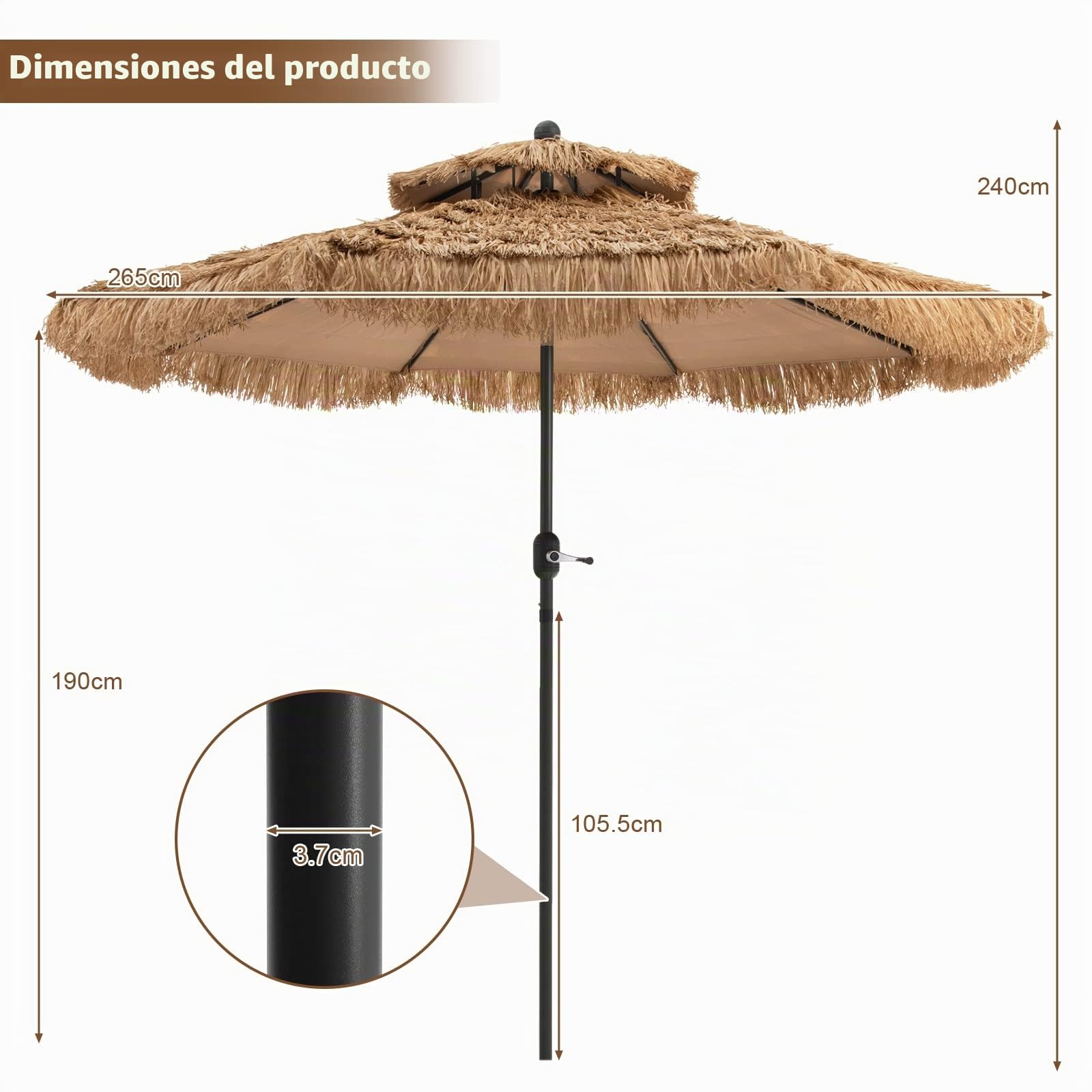 KOMFOTTEU Sombrilla Hawaiana de 2,7m con Doble Techo Plegable | Parasol de Paja de Playa, Sombrilla de Mercado para Jardín, Balcón, sin Base