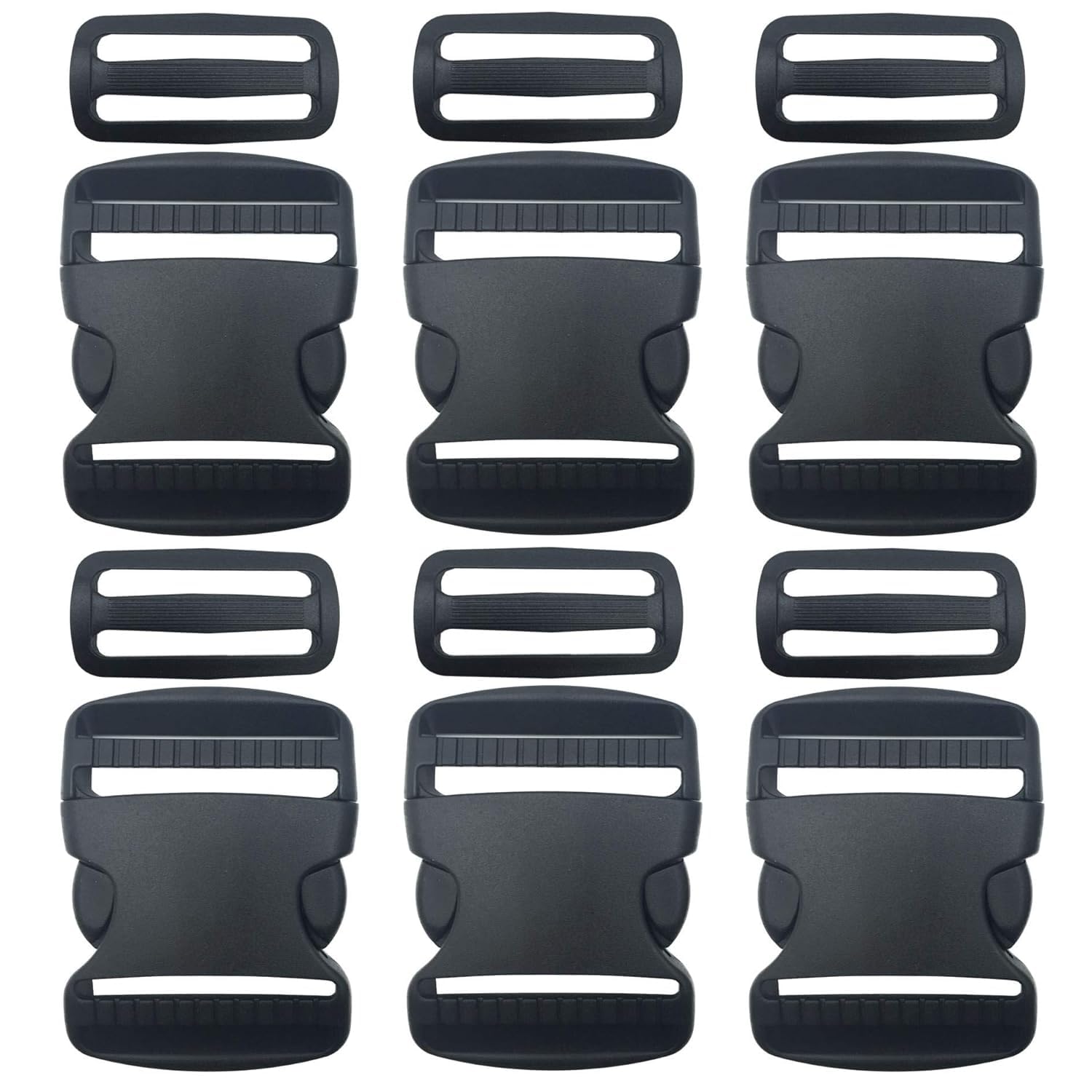 6 sat 1 inch adjustable plastic buckle contoured side quick release and tri-glide slides for luggage straps pet collar backpack repairing (black, fit for 1”/25mm webbing straps)