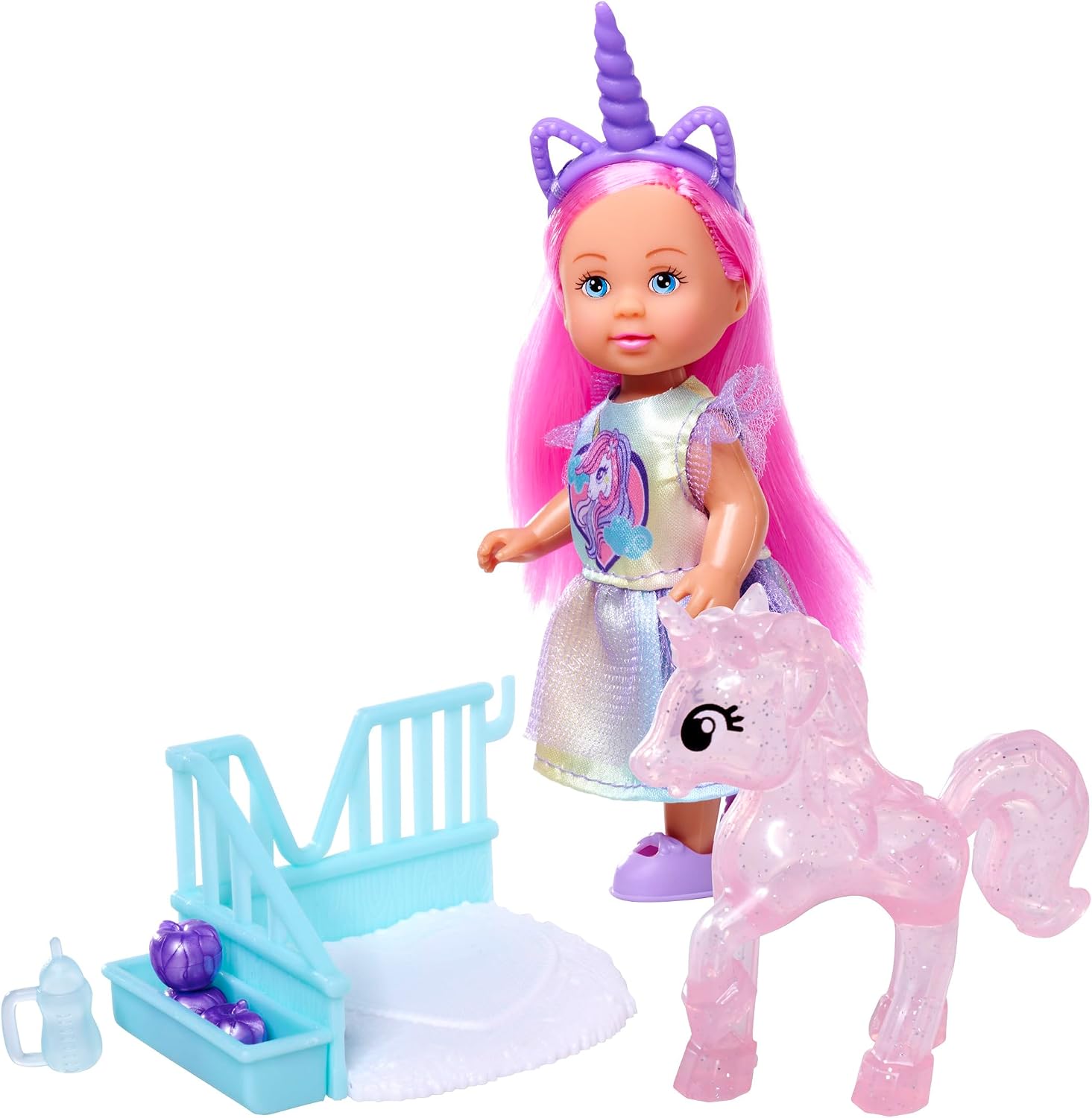 Simba, 105733728, Evi Love Unicorn Arkadaşım, Unicorn Figürü ve Özel Küçük Ahır, Çeşitli Aksesuarlar, Saç Bantlı Tatlı Bir Unicorn Elbisesi İle Birlikte, 12cm