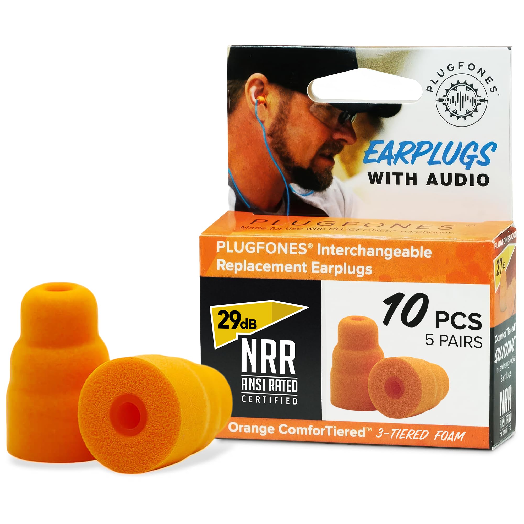 Plugfones Replacement Ear Plugs - 29 dB NRR Certified ComfortTiered Foam Tips for In-Ear Earplug Earbuds - Compatible