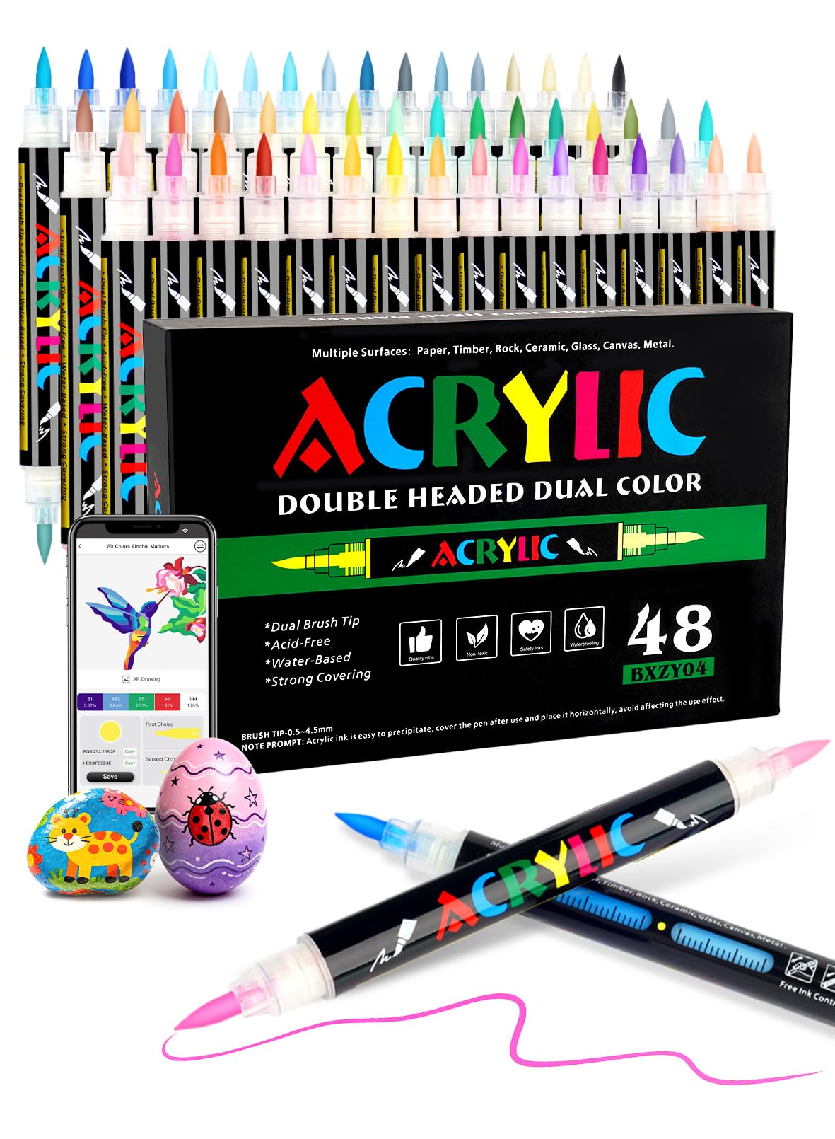 48 Liquid Ink Acrylic Paint Pens with Free App, 96 Colours Acrylic Markers