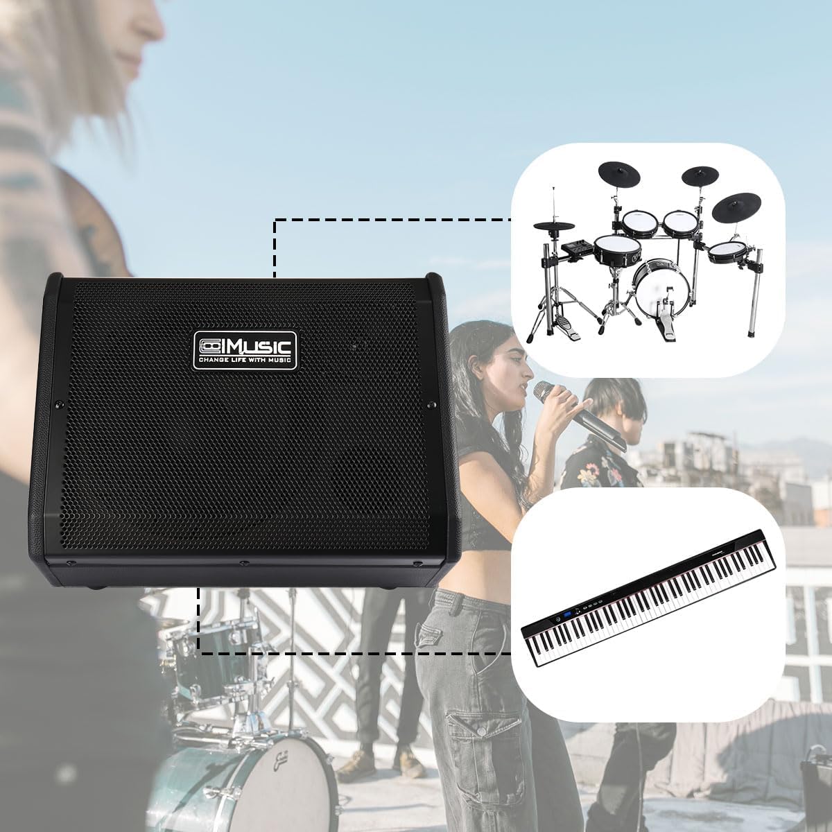 Coolmusic DM50 Amplificatore elettronico per batteria e tastiera portatile 50W con OTG e Bluetooth, 2 ingressi, equalizzatore a 3 bande e LINE OUT