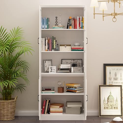 Miniatura 3 de Homsee Estantería alta con 5 estantes de almacenamiento y 2 puertas de vidrio, armario de almacenamiento de madera para oficina en casa, sala de