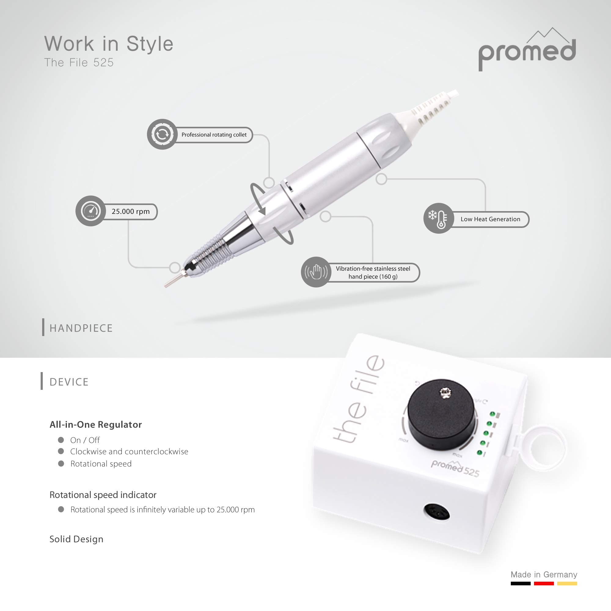 Promed – Nagelfräser The File 525 Rechts- & Linkslauf – Elektrische Nagelfeile stufenlos bis 25000 U/min – Profi Nail Drill für Gel-, Acryl- & Naturnägel – Für Maniküre/Pediküre, Nailart/Nageldesign