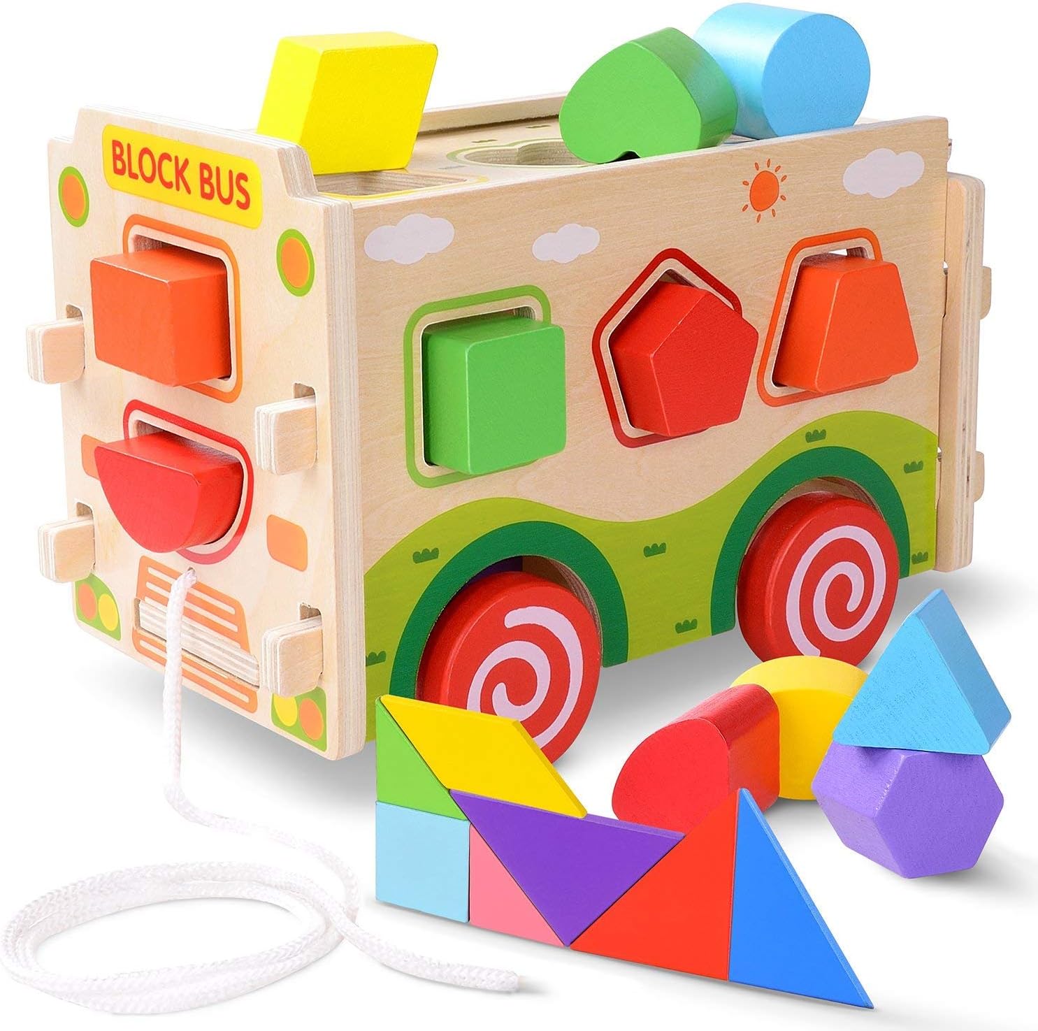 JoyNote Large Wooden Shape Sorter Bus with Tangram Classic 3D Push Pull