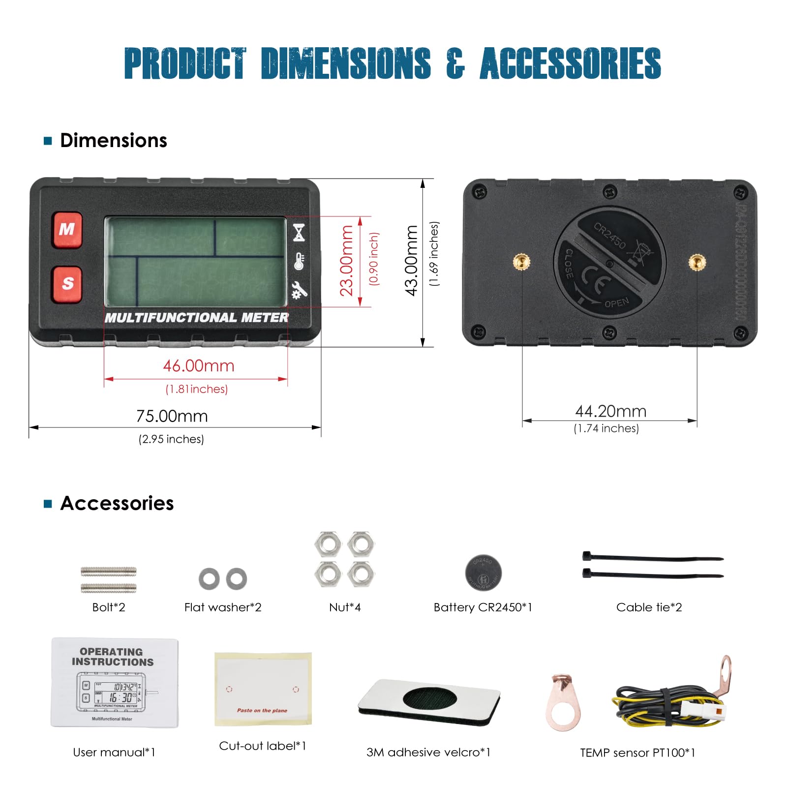 Runleader RL-HM058F Digital Engine Temp Gauge, Maintenance Tach/Hour Meter,Battery Replacement for Lawn Mower Generator Motorcycle ATV Outboard Motor Snowmobile etc