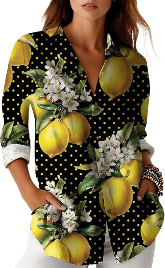 Button Down Long Sleeve Shirts for Women Lightweight Lapel Neck Trendy Blouses Casual Wildflower Colorful Top