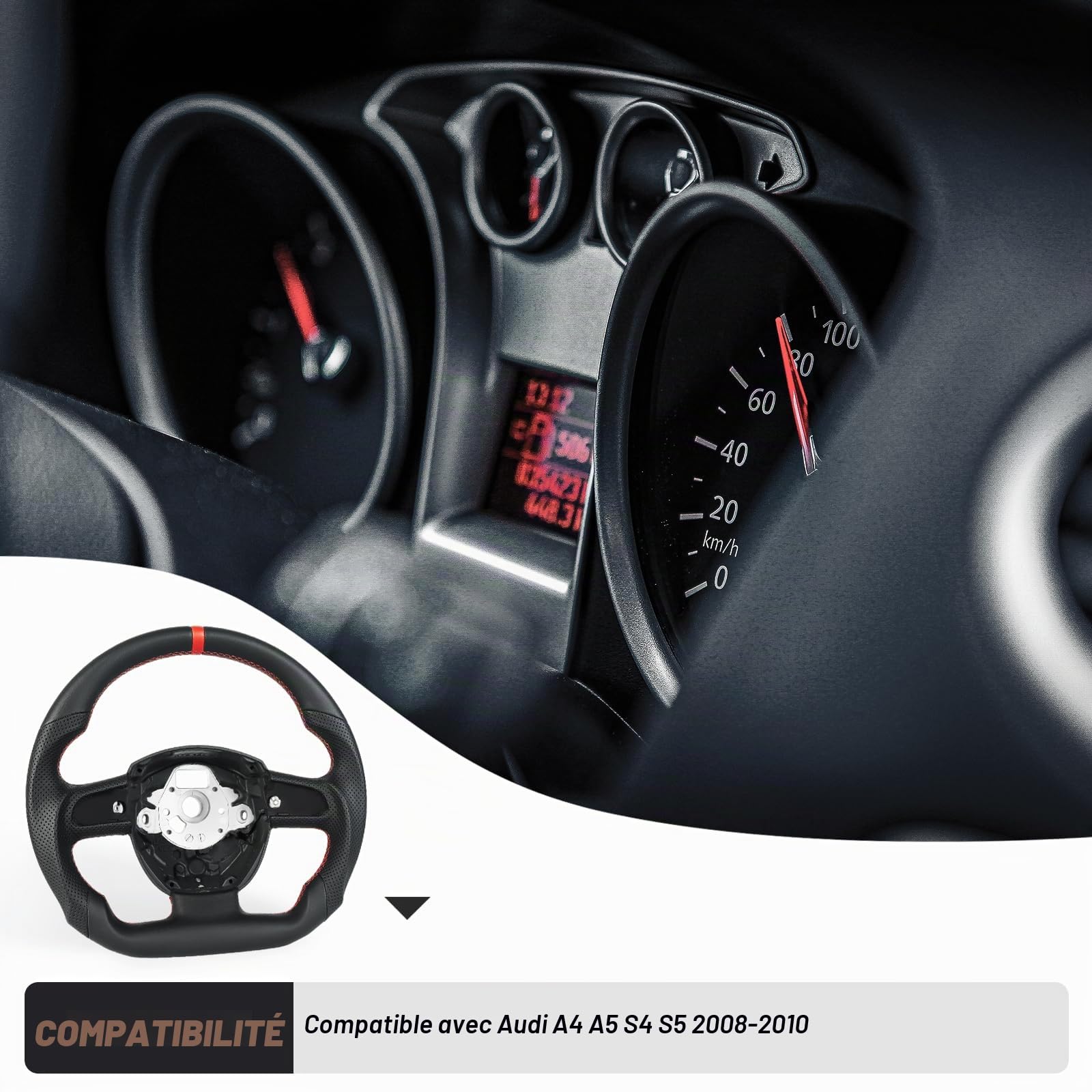 Volant en cuir plein - Antidérapant - Perforé - Respirant - En forme de D - Fond plat - Avec coutures rouges - Convient pour Audi A4(only B7) pour A5 pour S4 pour S5 2008-2010