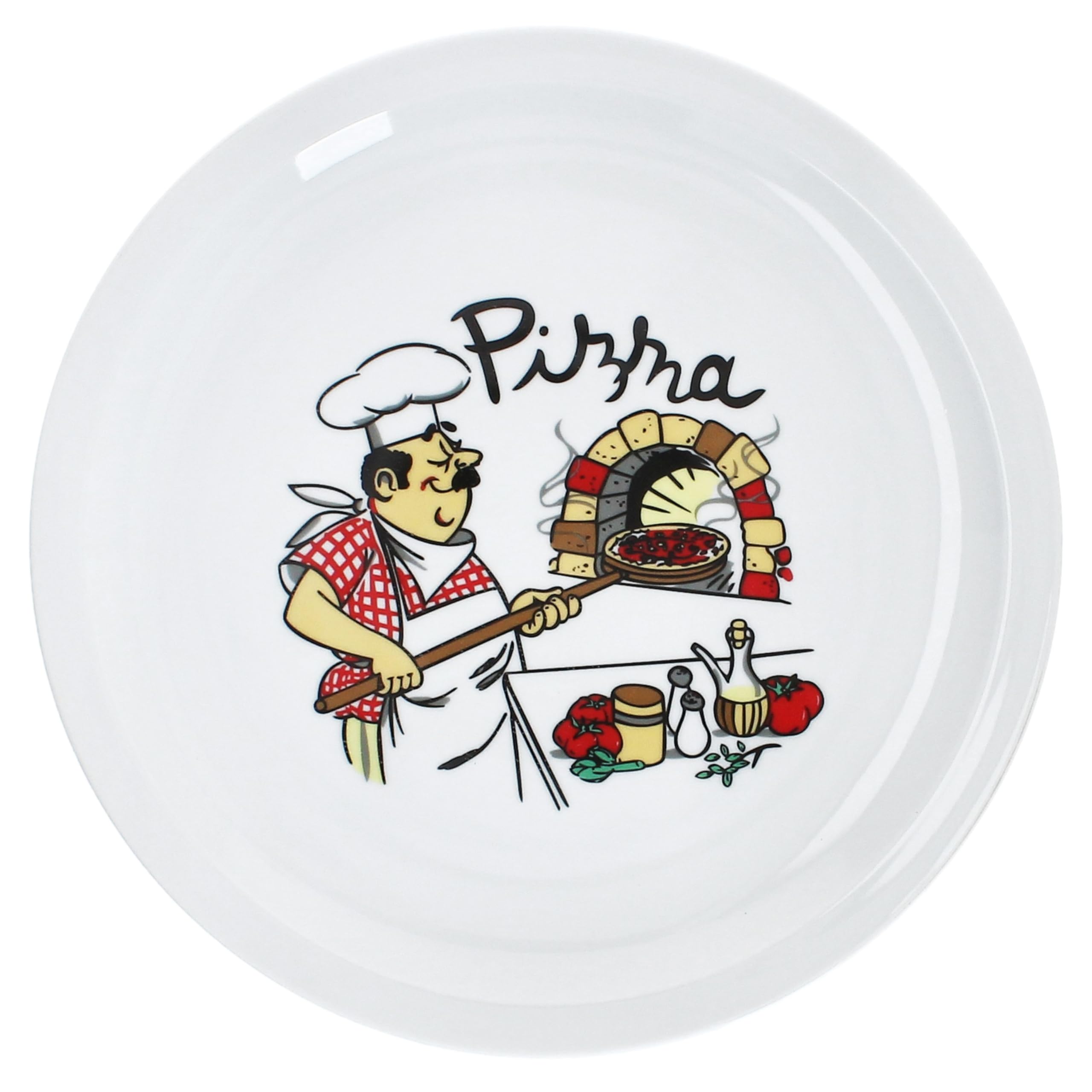 MamboCat Luigi Lot de 6 assiettes à pizza I Ø 30,5 cm I pour 6 personnes I Grandes assiettes à pizza blanches en porcelaine avec motif de pizzaiolo I Pour pizzas ou pour servir I Assiettes plates