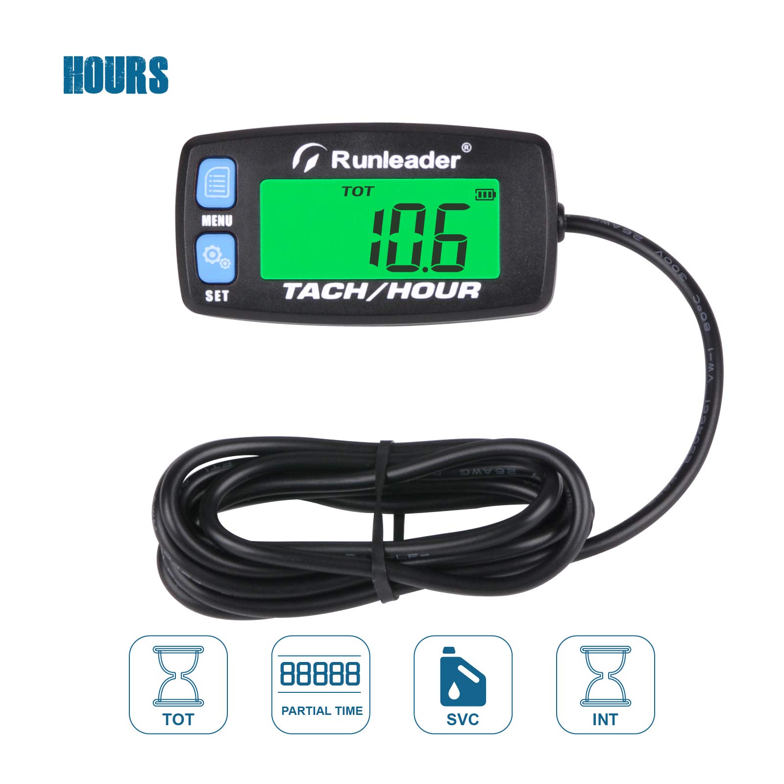 Runleader contaore digitale tachimetro,misuratore RPM,display retroilluminato,batteria sostituibile per tosaerba ZTR Generatore inverter compressore d'aria spazzaneve Motocicletta(032C-BU)