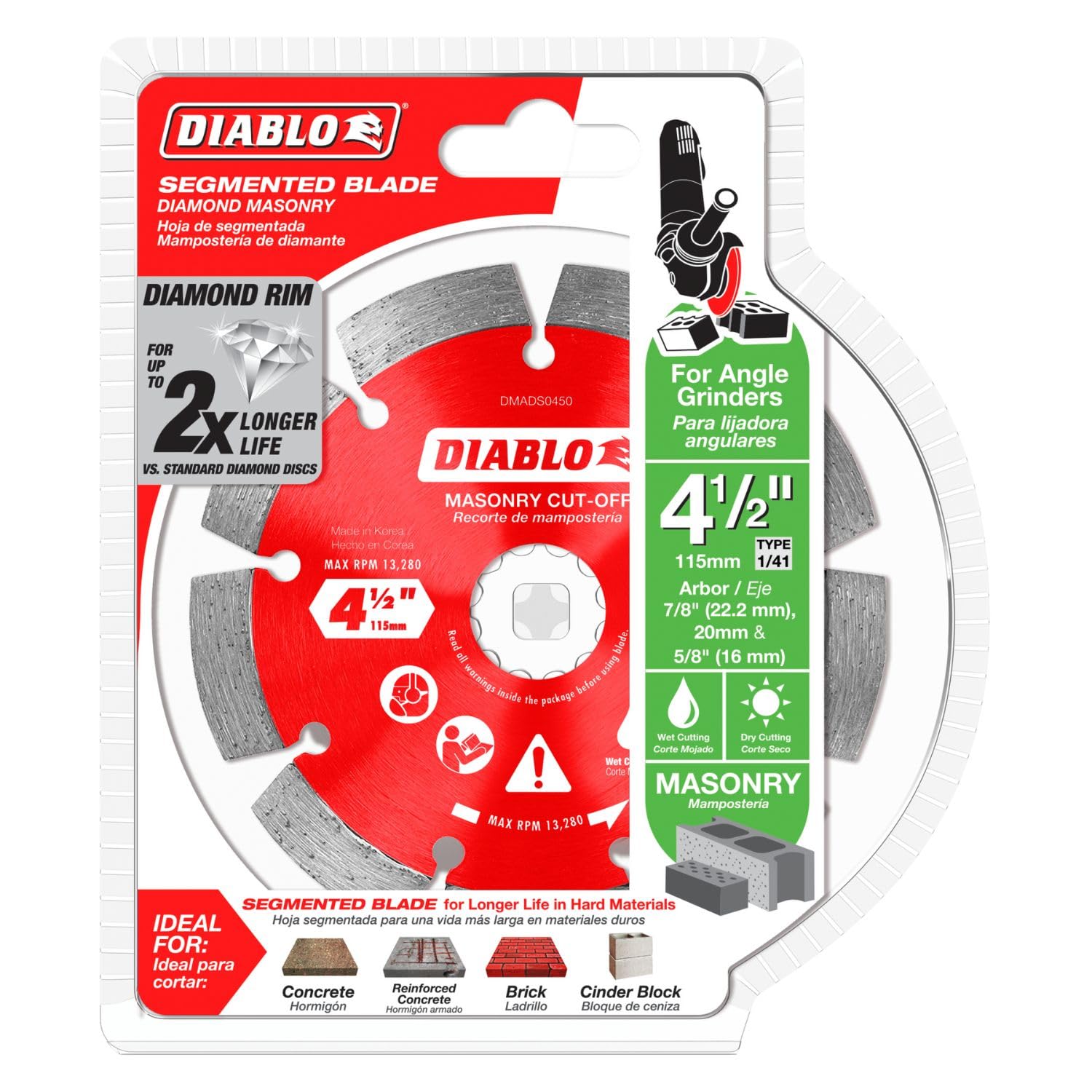Diablo Diamond Segmented Masonry Cut-Off Blade for Concrete, Brick and Block - 4-1/2" Diameter, 2.2mm Kerf, 13280 Max RPM - DMADS0450