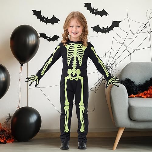 Vista 4 de Disfraces de esqueleto para niños que brillan en la oscuridad, disfraz de fiesta de Halloween con guantes para niñas y niños