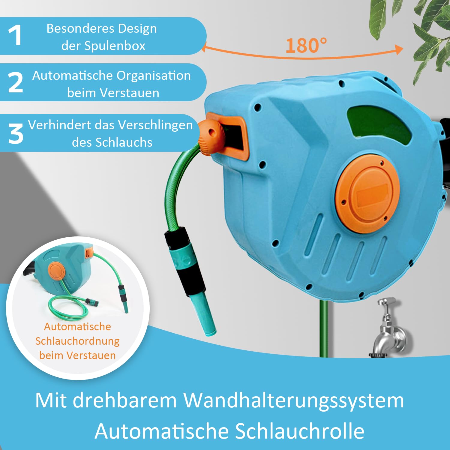 Kurflo Wand-Schlauchtrommel 20 m, Tragbare Schlauchtrommel, Automatischer Rückzug, mit Multifunktionsdüse & 180°-Drehbügel, Rostfrei, Geeignet für Gartenbewässerung, Reinigung, Autowäsche