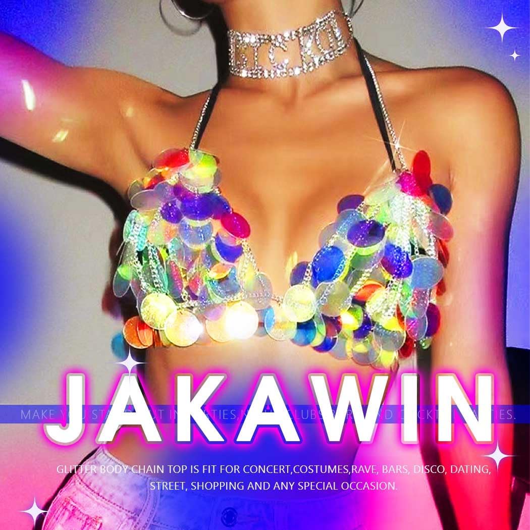 JAKAWIN Light Up Sequin Bra Top Sparkly Mermaid Tops Rave Outfit for Women Silver
