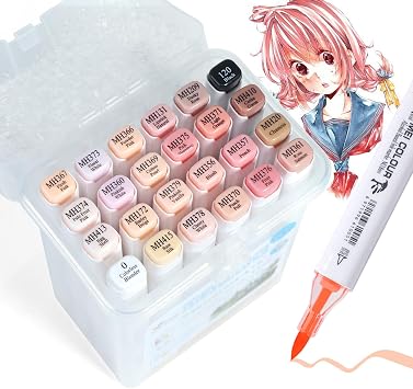 24 Colors Skin Tone Pastel Alcohol Markers Brush &Chisel Dual Tips Set for Adults Beginners, Coloring Book Permanent Drawing Professional Marker Gift